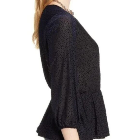 Halogen Flocked 3/4 Sleeve Peplum Top Navy Oval - Picture 3 of 16